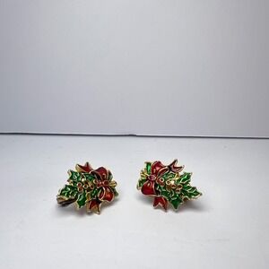 Vintage Holly Berry Clip On Earrings Enamel Red Green Christmas Holiday Festive